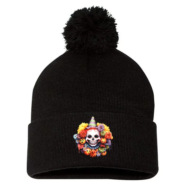 Kawaii Halloween Creepy Clown With Pumpkin And Flowers Pom Pom 12in Knit Beanie