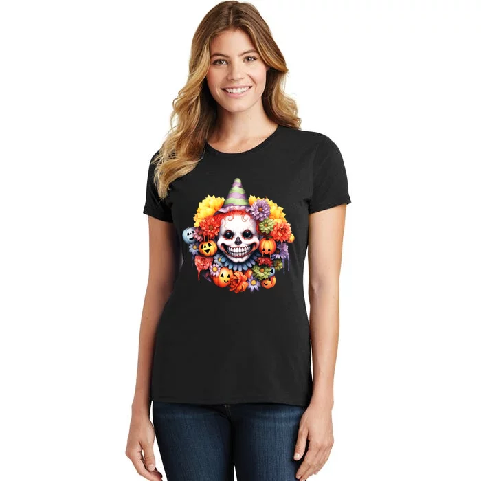 Kawaii Halloween Creepy Clown With Pumpkin And Flowers Women's T-Shirt