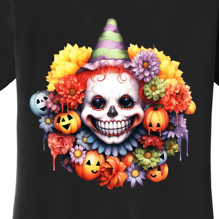 Kawaii Halloween Creepy Clown With Pumpkin And Flowers Women's T-Shirt