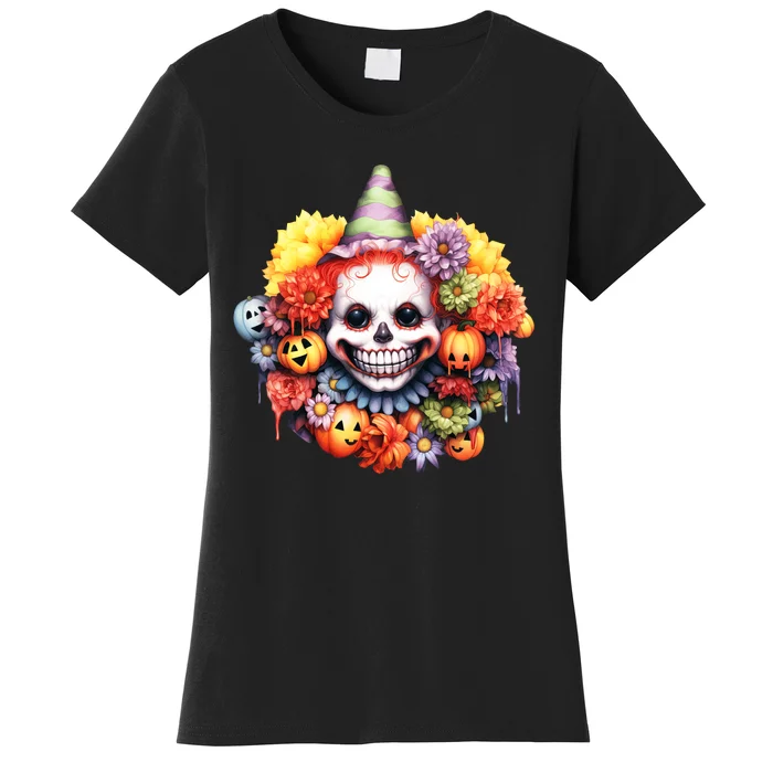 Kawaii Halloween Creepy Clown With Pumpkin And Flowers Women's T-Shirt