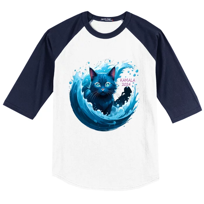 Kamala Harris Cute Blue Cat Wave Kamala 2024 Madam President Gift Baseball Sleeve Shirt