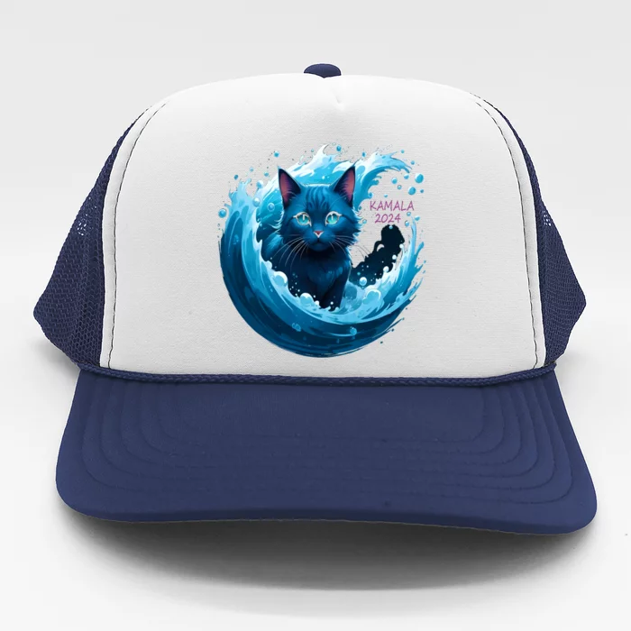 Kamala Harris Cute Blue Cat Wave Kamala 2024 Madam President Gift Trucker Hat