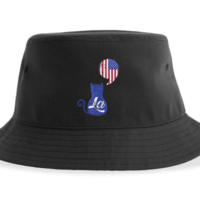 Kamala Harris Comma La Retro Cat American Flag 2024 Sustainable Bucket Hat