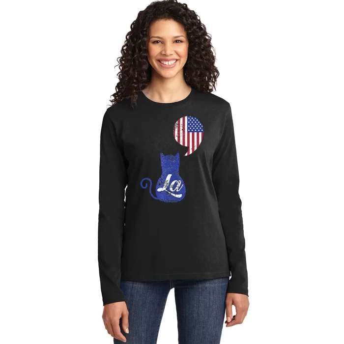 Kamala Harris Comma La Retro Cat American Flag 2024 Ladies Long Sleeve Shirt