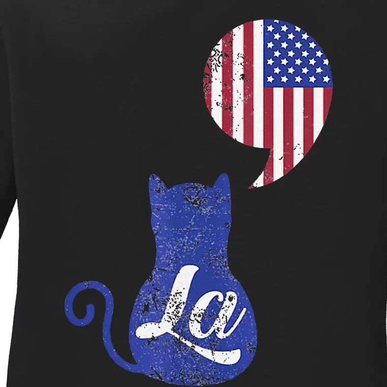 Kamala Harris Comma La Retro Cat American Flag 2024 Ladies Long Sleeve Shirt