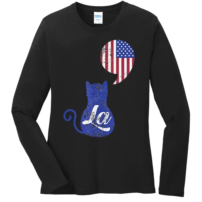 Kamala Harris Comma La Retro Cat American Flag 2024 Ladies Long Sleeve Shirt