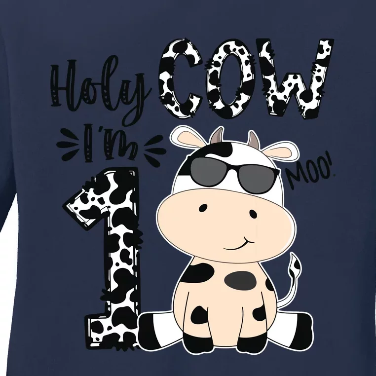 Kids Holy Cow Im 1 Birthday Boy 1st Cow Farm Animals Bday Ladies Long Sleeve Shirt