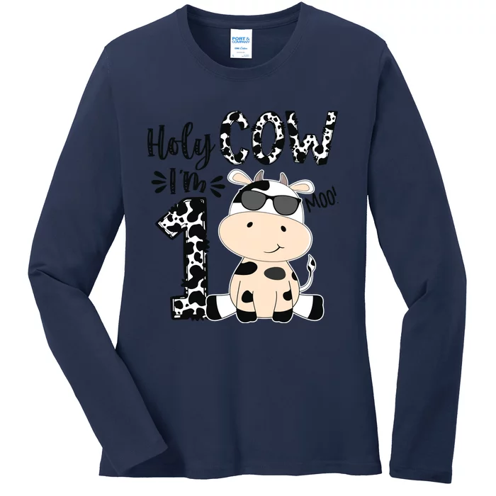 Kids Holy Cow Im 1 Birthday Boy 1st Cow Farm Animals Bday Ladies Long Sleeve Shirt