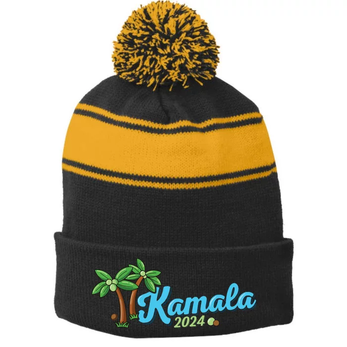 Kamala Harris Coconut Tree 2024 Democrat For President Stripe Pom Pom Beanie