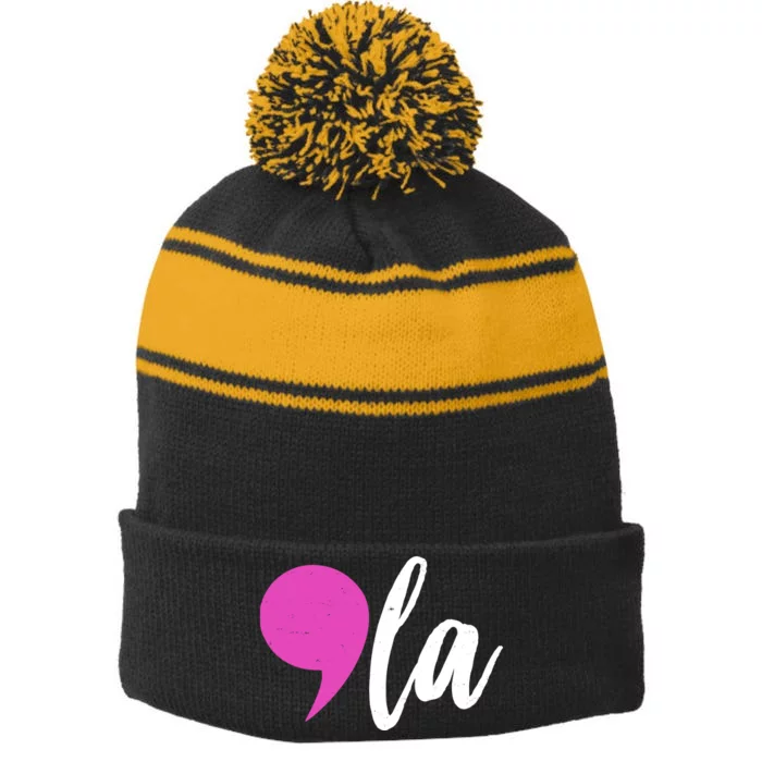 Kamala Harris Comma 2024 Election Stripe Pom Pom Beanie