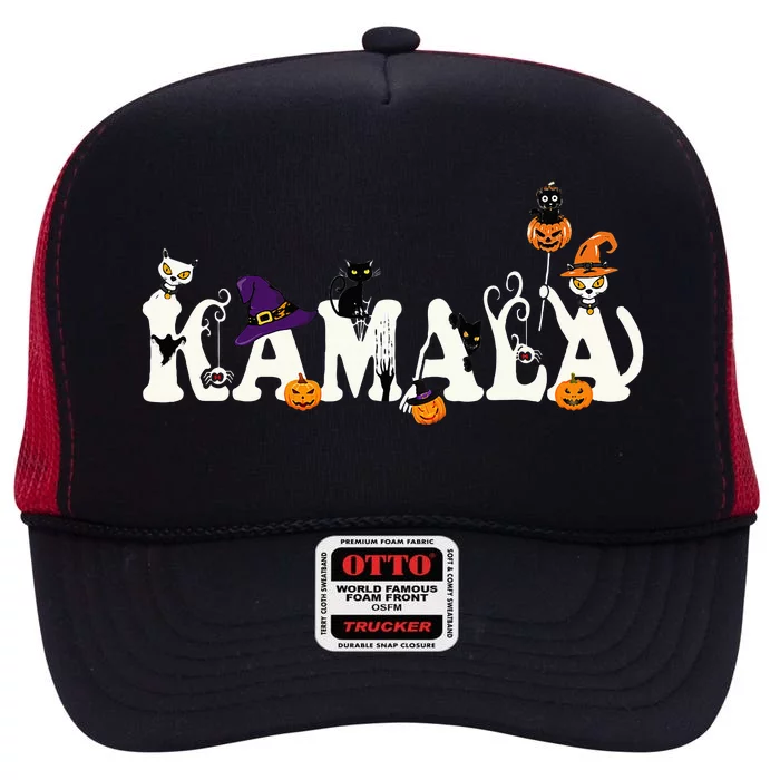 Kamala Halloween Cat Pumpkin Witch Hat Lover Kamala Haris High Crown Mesh Trucker Hat