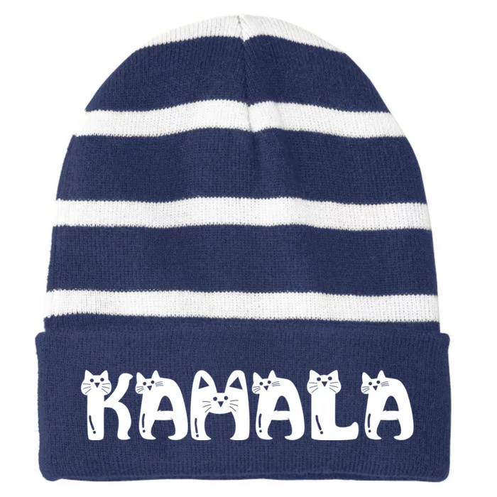 Kamala Harris Cat Lettering Positive Funny 2024 Election Striped Beanie with Solid Band