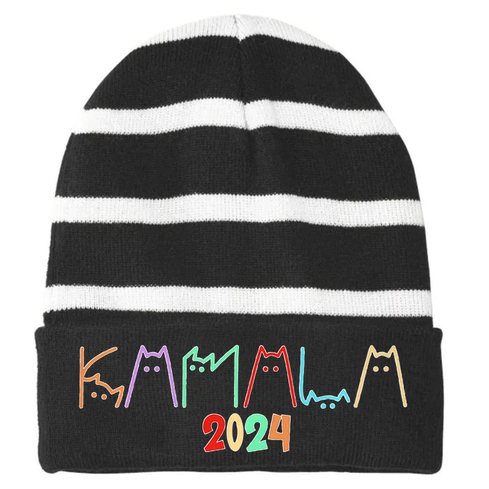 Kamala Harris Cat Lettering Funny Cat Ladies For Kamala 2024 Premium Striped Beanie with Solid Band