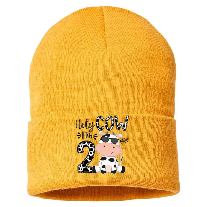 Kids Holy Cow Im 2 Birthday Boy 2nd Cow Farm Animals Bday Sustainable Knit Beanie