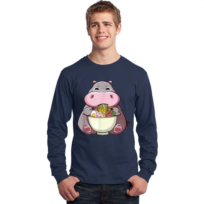 Kawaii Hippo Eats Ramen Daddy Mom Tall Long Sleeve T-Shirt