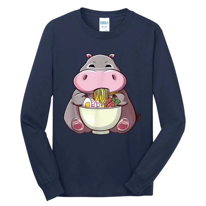 Kawaii Hippo Eats Ramen Daddy Mom Tall Long Sleeve T-Shirt