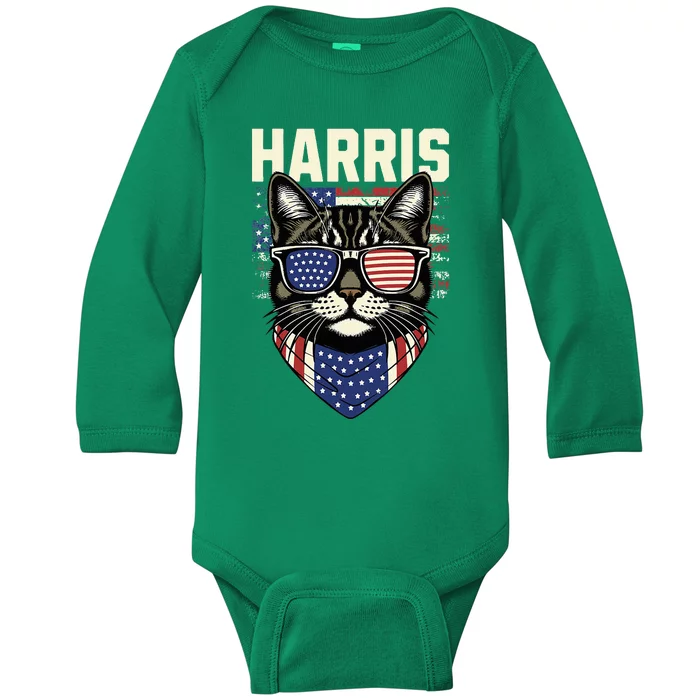 Kamala Harris For President 2024 Funny Cat Graphic Baby Long Sleeve Bodysuit