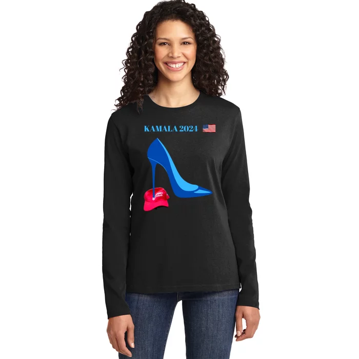 Kamala Harris For President 2024 High Heel Crushed Maga Hat Ladies Long Sleeve Shirt