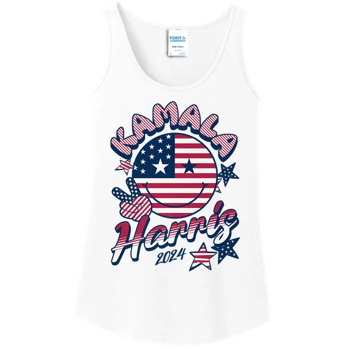 Kamala Harris For President 2024 Smiley Emoji Icon Us Flag Ladies Essential Tank