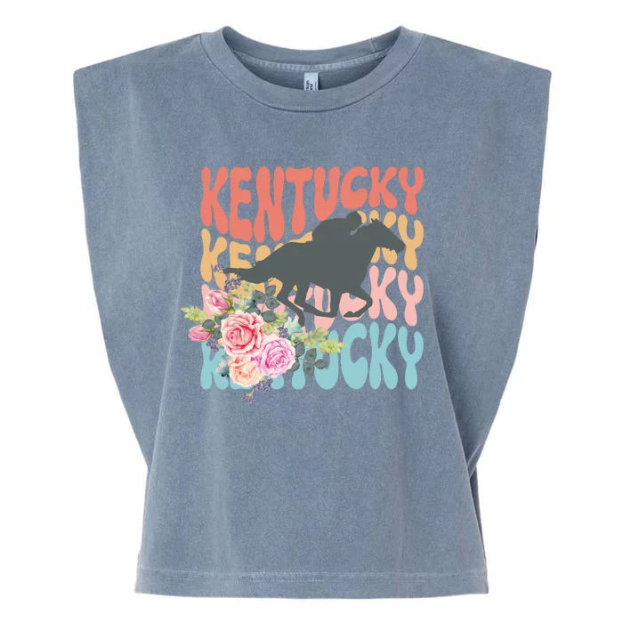 Kentucky Horse Floral Colorful Retro Garment-Dyed Women's Muscle Tee