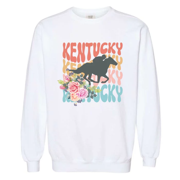 Kentucky Horse Floral Colorful Retro Garment-Dyed Sweatshirt