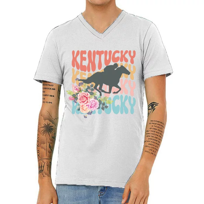 Kentucky Horse Floral Colorful Retro V-Neck T-Shirt