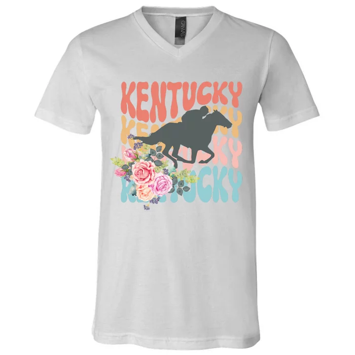 Kentucky Horse Floral Colorful Retro V-Neck T-Shirt