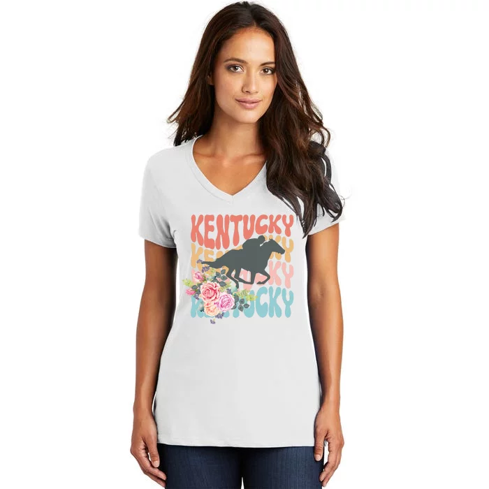 Kentucky Horse Floral Colorful Retro Women's V-Neck T-Shirt