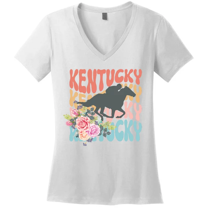 Kentucky Horse Floral Colorful Retro Women's V-Neck T-Shirt