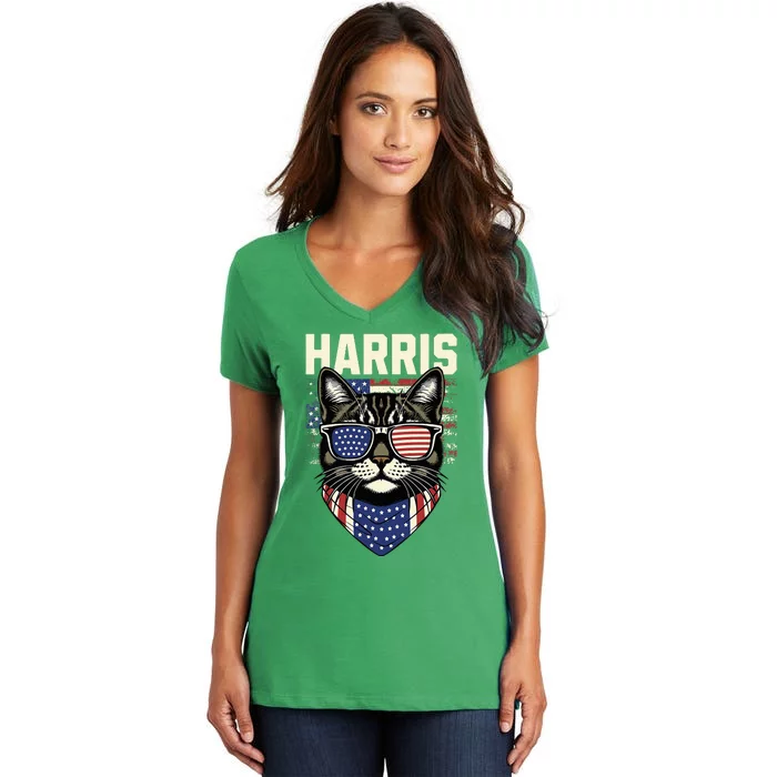 Kamala Harris For President 2024 Funny Cat Graphic Women's V-Neck T-Shirt