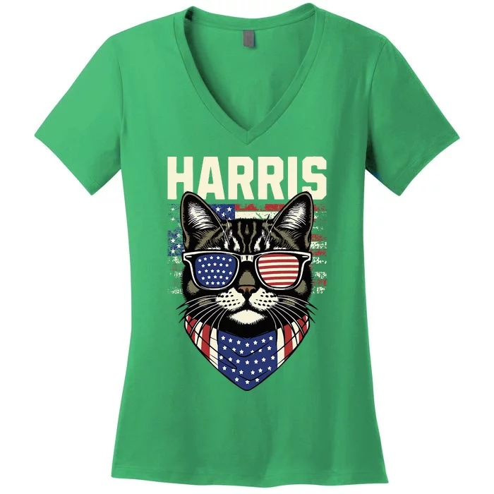 Kamala Harris For President 2024 Funny Cat Graphic Women's V-Neck T-Shirt