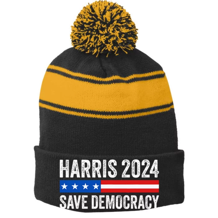 Kamala Harris For President 2024 Save Democracy Stripe Pom Pom Beanie