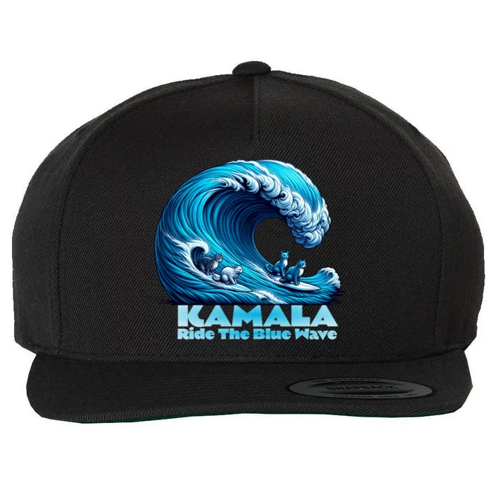 Kamala Harris For President Blue Wave Surfing Cats 2024 Gift Wool Snapback Cap