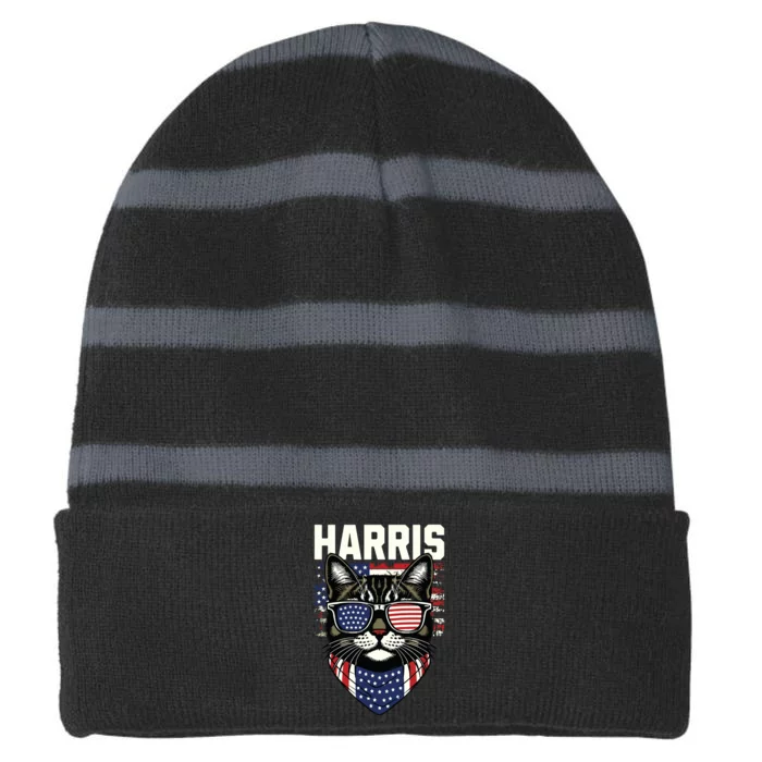 Kamala Harris For President 2024 Funny Cat Graphic Striped Beanie with Solid Band