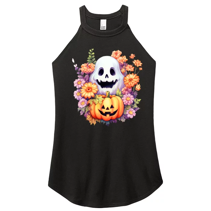 Kawaii Halloween Ghost With Pumpkin And Flowers Women’s Perfect Tri Rocker Tank