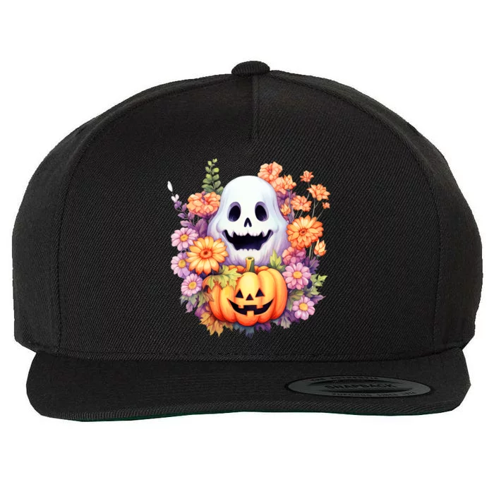 Kawaii Halloween Ghost With Pumpkin And Flowers Wool Snapback Cap