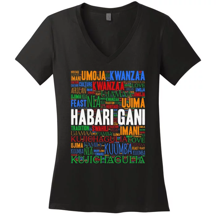 Kwanzaa Habari Gani 7 Principles Swahili Women's V-Neck T-Shirt