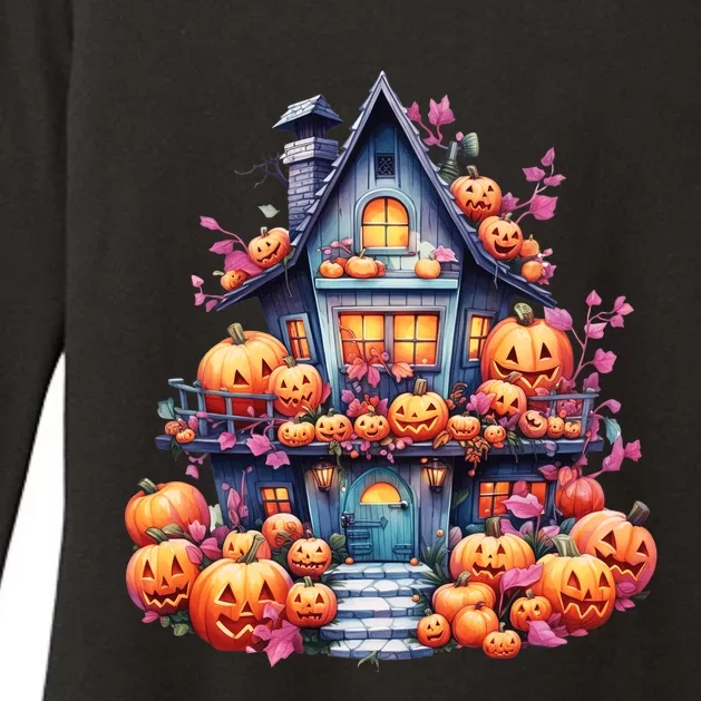 Kawaii Halloween Haunted House With Pumpkin And Flowers Womens CVC Long Sleeve Shirt