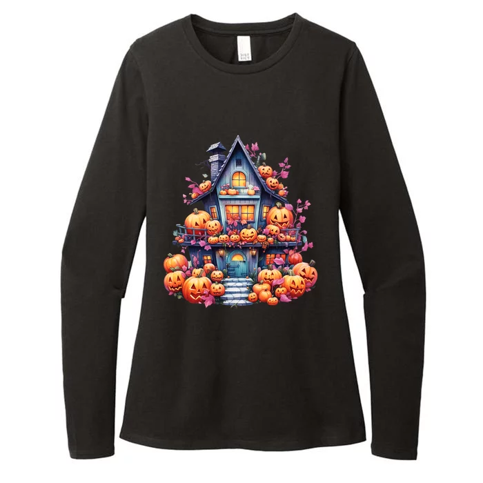 Kawaii Halloween Haunted House With Pumpkin And Flowers Womens CVC Long Sleeve Shirt