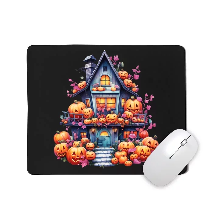 Kawaii Halloween Haunted House With Pumpkin And Flowers Mousepad