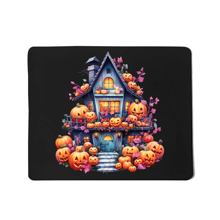 Kawaii Halloween Haunted House With Pumpkin And Flowers Mousepad