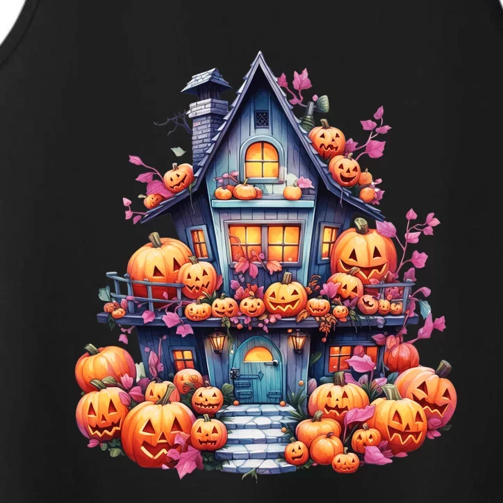 Kawaii Halloween Haunted House With Pumpkin And Flowers Performance Tank