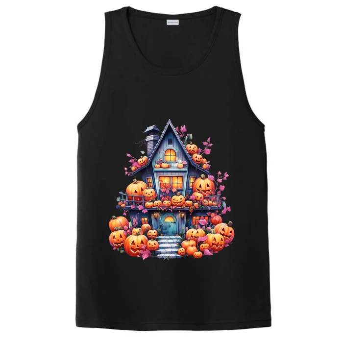 Kawaii Halloween Haunted House With Pumpkin And Flowers Performance Tank