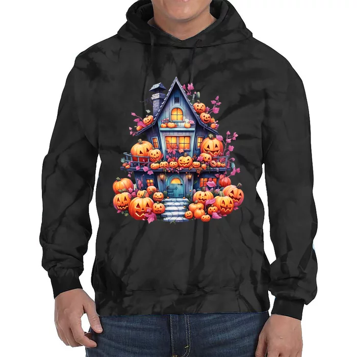 Kawaii Halloween Haunted House With Pumpkin And Flowers Tie Dye Hoodie