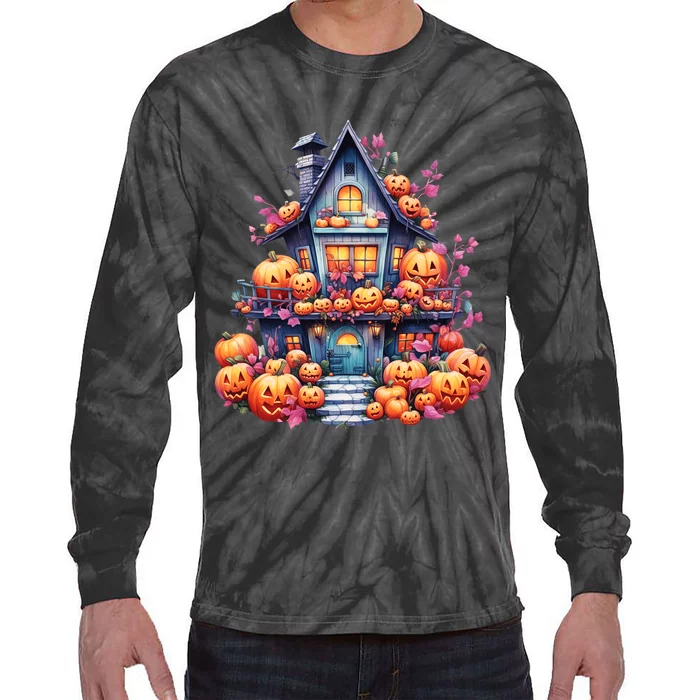 Kawaii Halloween Haunted House With Pumpkin And Flowers Tie-Dye Long Sleeve Shirt