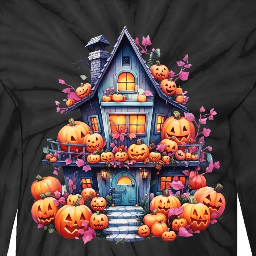 Kawaii Halloween Haunted House With Pumpkin And Flowers Tie-Dye Long Sleeve Shirt