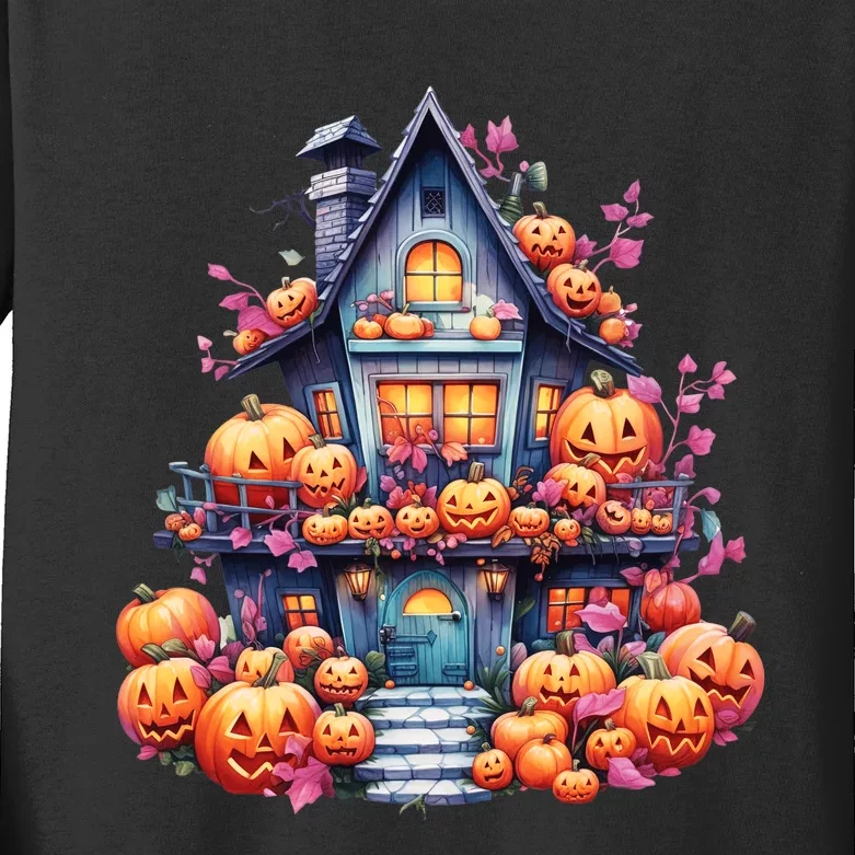 Kawaii Halloween Haunted House With Pumpkin And Flowers Kids Long Sleeve Shirt