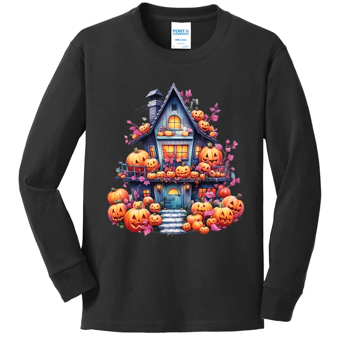 Kawaii Halloween Haunted House With Pumpkin And Flowers Kids Long Sleeve Shirt