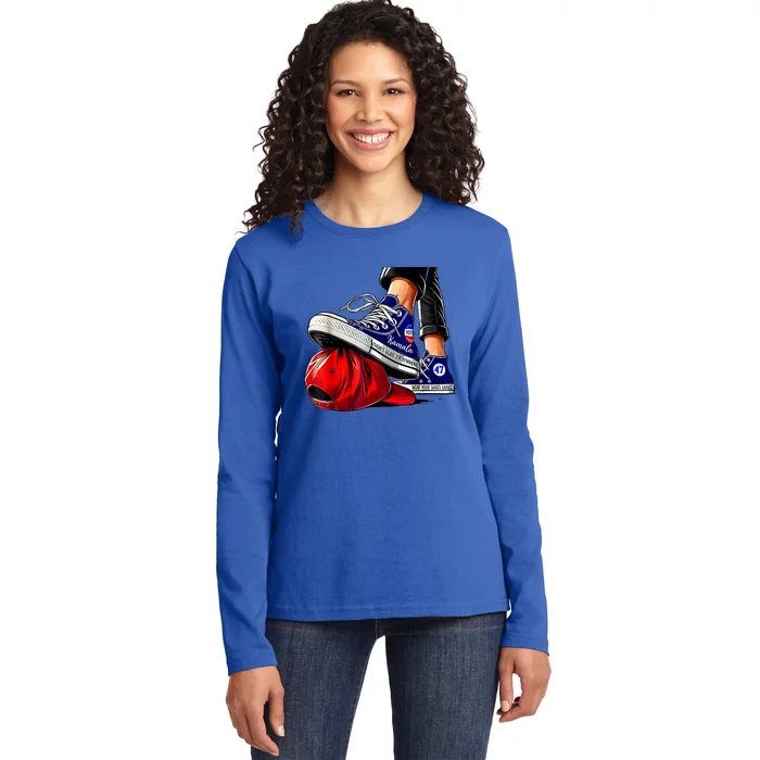 Kamala Harris High Heels Stepping On Red Maga Hat Ladies Long Sleeve Shirt