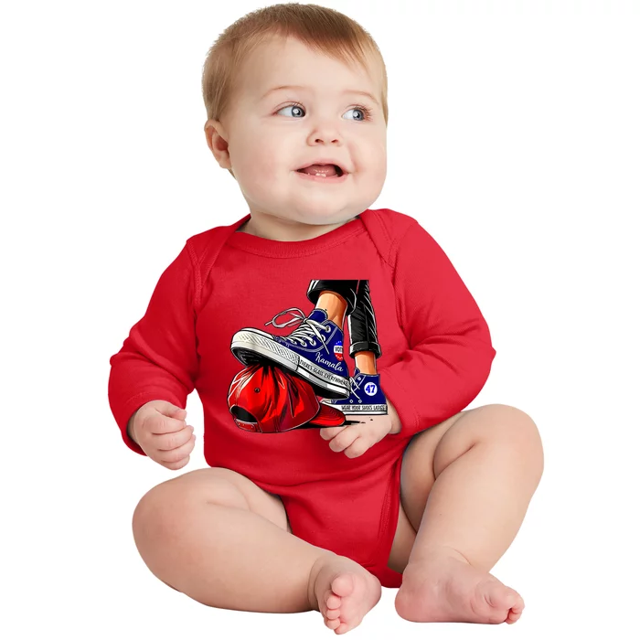 Kamala Harris High Heels Stepping On Red Maga Hat Baby Long Sleeve Bodysuit